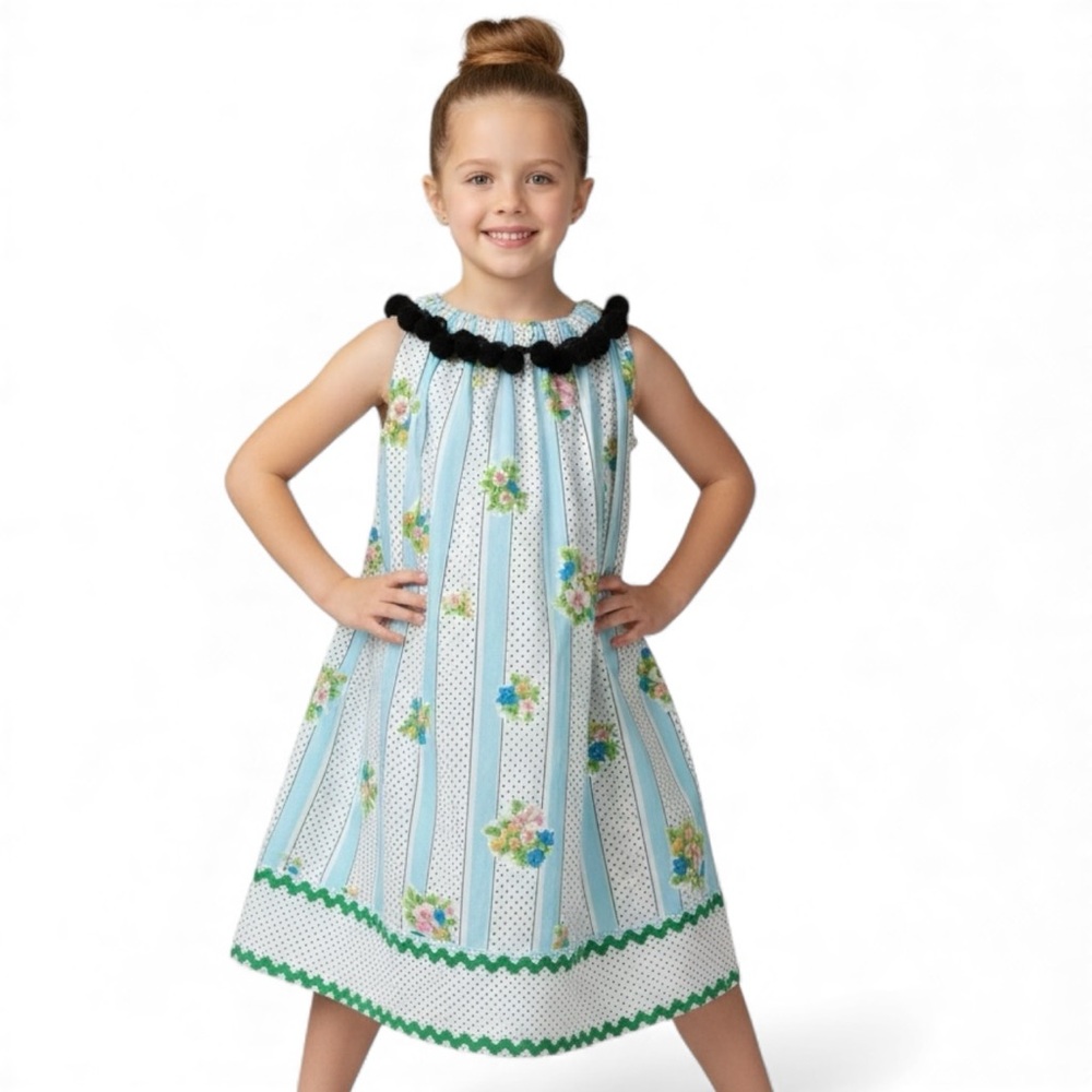 Girls Sun Dress | VTG Pillowcase | Lt Blue Black Polka‎ Dot Stripe | 5T
